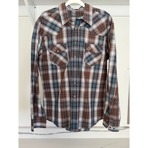 Cinch Pearl‎ Snap Button-Down Long-Sleeve Modern Fit Size Large Brown / Blue - Picture 1 of 8
